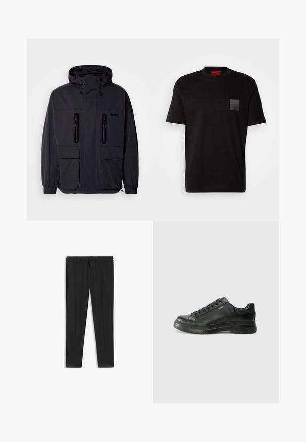 Zwarte waterdichte jas met een capuchon, twee ritszakken op de borst en elastische manchetten. Heeft een minimalistisch ontwerp en "HUGO" branding.; Zwart katoenen T-shirt met een ronde hals, met een gestructureerde zwarte patch met logo op de linkerborst. Korte mouwen en een ontspannen pasvorm.; Zwarte broek met een Elastische tailleband, voorzien van een trekkoord. Getailleerde pasvorm met zijzakken en een soepele, lichte stof.; Zwarte leren sneaker met een gestructureerde bovenkant, gevoerde kraag en rode logo-details. Heeft een dikke rubberen zool met een opvallend loopvlakpatroon.
