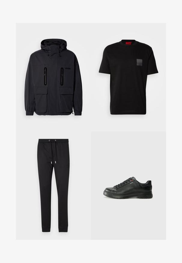 Svart vanntett jakke med hette, to glidelåslommer på brystet og elastiske mansjetter. Har et minimalistisk design og "HUGO"-merke.; Svart bomull T-skjorte med rund hals, med et teksturert svart merke med logo på venstre bryst. Korte ermer og avslappet passform.; Svarte joggebukser laget av myk stoff, med elastisk linning og snorer, sidelommer og tettsittende mansjetter ved anklene.; Svarte lærsneakers med teksturert overdel, polstret krage og rød logodetalj. Har en tykk gummisåle med tydelig mønster.
