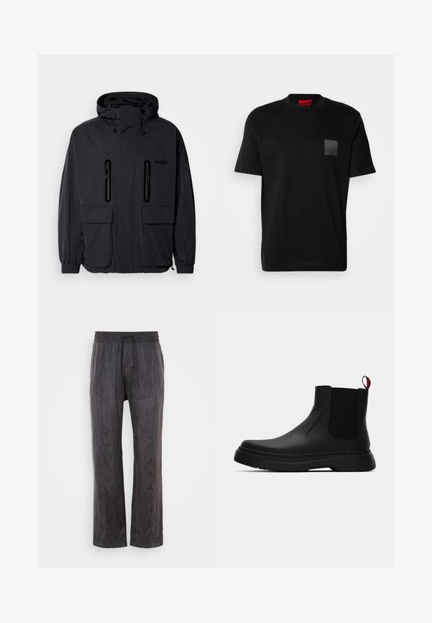 Čierna nepremokavá bunda s kapucňou, dvoma zipsovými náprsními vreckami a elastickými manžetami. Disponuje minimalistickým dizajnom a značkou "HUGO".; Čierne bavlnené tričko s okrúhlym výstrihom, s textúrovanou čiernou nášivkou s logom na ľavej hrudi. Krátke rukávy a voľný strih.; Čierne nohavice vyrobené z mäkkej tkaniny s hladkou textúrou, s elastickým pásom a šnúrkou na uťahovanie, širokými nohavicami a postrannými švami.; Čierne členkové topánky s hladkým povrchom, elastickými bočnými panelmi a kontrastným červeným poutkom, vybavené hrubou gumovou podrážkou a zaoblenou špičkou.