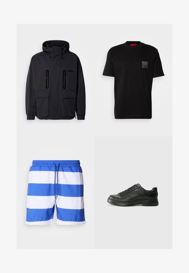 Crna vodoodbojna jakna s kapuljačom, dva ziperirana džepa na prsima i elastičnim manžetama. Ima minimalistički dizajn i "HUGO" logo.; Crna pamučna majica s okruglim izrezom, s teksturiranim crnim logotipom na lijevoj prednjoj strani. Kratki rukavi i opušteni kroj.; Plave i bijele prugaste kupaće gaće od lagane tkanine, s elastičnim pojasom i vezicom, te glatkom teksturom.; Crne kožne tenisice s teksturiranim gornjim dijelom, podstavljenim ovratnikom i crvenim logotipom. Imaju debeli gumeni potplat s izraženim uzorkom.