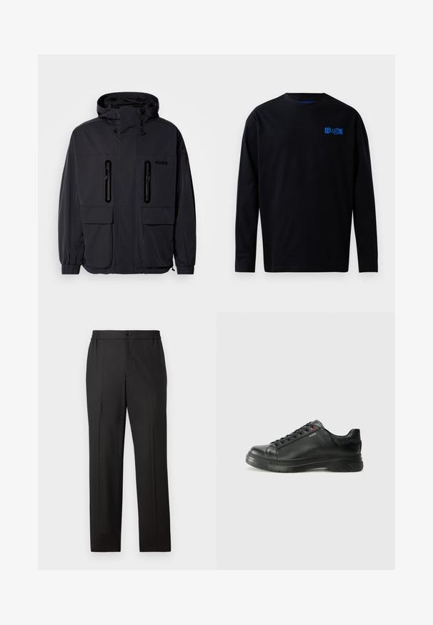 Črna vodoodporna jakna s kapuco, dvema žepoma z zadrgo na prsih in elastičnimi manšetami. Ima minimalističen dizajn in blagovno znamko "HUGO".; Črni dolgimi rokavi T-shirt iz bombaža, z modrim logotipom na prsih. Preprost dizajn z okroglim izrezom in ravnim krojem.; Črne hlače s ravno krojem, elastičnim pasom z gumbom, ravnim sprednjim delom in gladko teksturo tkanine.; Črne usnjene superge z teksturiranim zgornjim delom, podloženim ovratnikom in rdečim logotipom. Imajo debel gumijast podplat z izrazitim vzorcem.