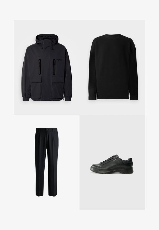 Czarna wodoodporna kurtka z kapturem, z dwoma zamykanymi na zamek kieszeniami na piersi i elastycznymi mankietami. Posiada minimalistyczny design i branding "HUGO".; Czarny sweter z długim rękawem wykonany z prążkowanego materiału. Posiada okrągły dekolt oraz prosty dół z dopasowanymi mankietami. Prosty i jednokolorowy design.; Czarne spodnie wykonane z gładkiego materiału, z prostą nogawką, plisami z przodu i zapięciem na guzik z pętelkami na pasek.; Czarne skórzane sneakersy z teksturowaną cholewką, miękkim kołnierzem i czerwonym logo. Posiadają grubą gumową podeszwę z wyraźnym wzorem bieżnika.