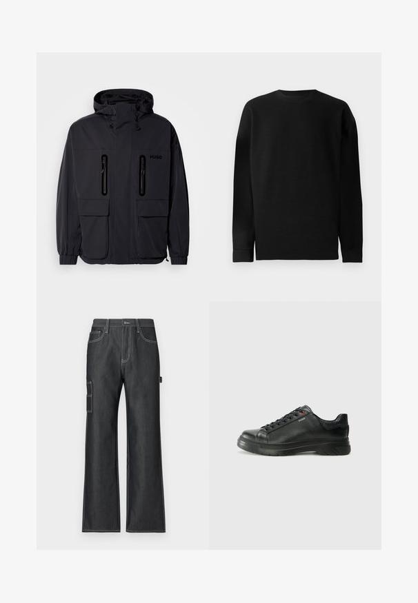 Melna ūdensnecaurlaidīga jaka ar kapuci, divām kabatām ar rāvējslēdzēju krūšu augšdaļā un elastīgām aprocēm. Ievēro minimālistisku dizainu un "HUGO" zīmolu.; Melnas garām piedurknēm džemperis, izgatavots no ribota materiāla. Tam ir apaļa kakla izgriezne un taisna apakšmala ar pieguļošiem piedurkņu galiem. Vienkāršs un vienkrāsains dizains.; Tumši džinsi ar plašām kājām, kontrastējošā baltā dūriena, sānu kabatām un plāksteru kabatu kreisajā kājā.; Melnas ādas sporta kedas ar teksturētu virsu, mīkstinātu apmalu un sarkanu logotipa detaļu. Iezīmējas ar biezu gumijas zoli ar izteiktu rakstu.