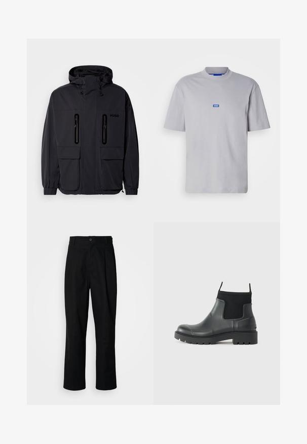 Črna vodoodporna jakna s kapuco, dvema žepoma z zadrgo na prsih in elastičnimi manšetami. Ima minimalističen dizajn in blagovno znamko "HUGO".; Siva bombažna majica s krojem okrogle ovratnice, kratkimi rokavi in majhnim modrim logotipom "HUGO" na sredini. Gladka tekstura, sproščen kroj.; Črne hlače ravnega kroja z gumbastim pasom, zanke za pas in sprednjim pregibom, prikazane na enobarvnem belem ozadju.; Črne gležnjarje iz gume z mat površinom, ki se ponašajo s sleek dizajnom, elastičnimi paneli in debelim podplatom za boljši oprijem.