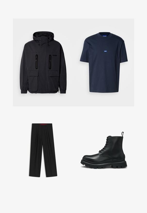Svart vattentät jacka med huva, två blixtlåsförsedda bröstfickor och elastiska muddar. Har en minimalistisk design och "HUGO"-logotyp.; Marinblå bomulls t-shirt med rund hals, korta ärmar och en liten blå logotyp på bröstet. Slät textur, avslappnad passform.; Svarta vida byxor med slät front, två sidofickor, veckad design och en kontrasterande röd midjeresår.; Svart läderankleboot med rund tå, snörning framtill, dragflik och robust gummisula. Slät textur med minimala sömnadsdetaljer.