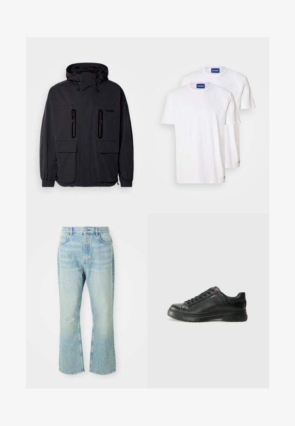 Melna ūdensnecaurlaidīga jaka ar kapuci, divām kabatām ar rāvējslēdzēju krūšu augšdaļā un elastīgām aprocēm. Ievēro minimālistisku dizainu un "HUGO" zīmolu.; Baltas kokvilnas T-kreklos ar apaļu kakla izgriezumu un īsām piedurknēm, uz kuriem uzkrāsoti zili "HUGO" uzlīmes uz kakla un mazi akcenti uz apakšmalas.; Gai zilo džinsu ar platu apakšu ar augsto jostasvitu, ar piecām kabatām, jostas cilpām un nodilušu tekstūru.; Melnas ādas sporta kedas ar teksturētu virsu, mīkstinātu apmalu un sarkanu logotipa detaļu. Iezīmējas ar biezu gumijas zoli ar izteiktu rakstu.