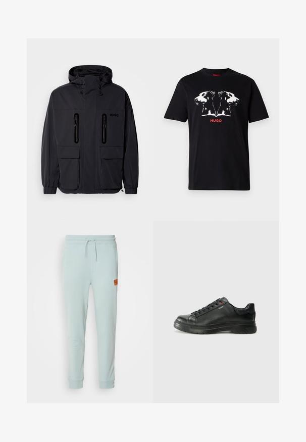 Black waterproof jacket with a hood, two zippered chest pockets, and elastic cuffs. Features minimalistic design and "HUGO" branding.; Black cotton t-shirt featuring a white graphic of two dog heads and red "HUGO" text below. Short sleeves and crew neck design.; HUGO DOAK - Tracksuit bottoms - open grey; Black leather sneaker with textured upper, padded collar, and red logo detail. Features a thick rubber sole with distinct tread pattern.