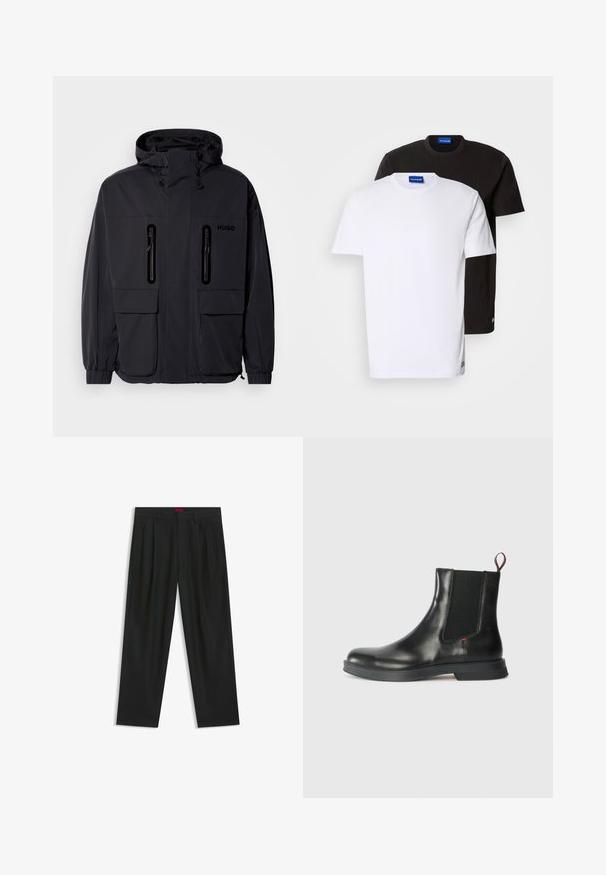 Svart vattentät jacka med huva, två blixtlåsförsedda bröstfickor och elastiska muddar. Har en minimalistisk design och "HUGO"-logotyp.; Två t-shirts staplade: en vit och en svart. Kort ärm, rund halsringning, bomulls tyg. Har en liten blå logotyp vid halsringningen.; Svarta byxor med vikta detaljer, bred benform och en slät textur. Har en röd midjebandsetikett.; Svarta läder Chelsea-boots med en jämn yta, elastiska sidopaneler, dragflik och en tjock gummisula för bra grepp och hållbarhet.