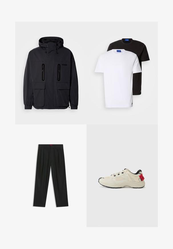 Black waterproof jacket with a hood, two zippered chest pockets, and elastic cuffs. Features minimalistic design and "HUGO" branding.; Two T-shirts stacked: one white and one black. Short sleeves, round necklines, cotton fabric. Features a small blue logo at the neckline.; Black trousers with a pleated design, wide leg shape, and a smooth texture. Features a red waistband tag.; Beige sneaker with mesh and leather panels, black rubber sole, lace-up design, and red accent on the heel featuring "Hugo" branding.