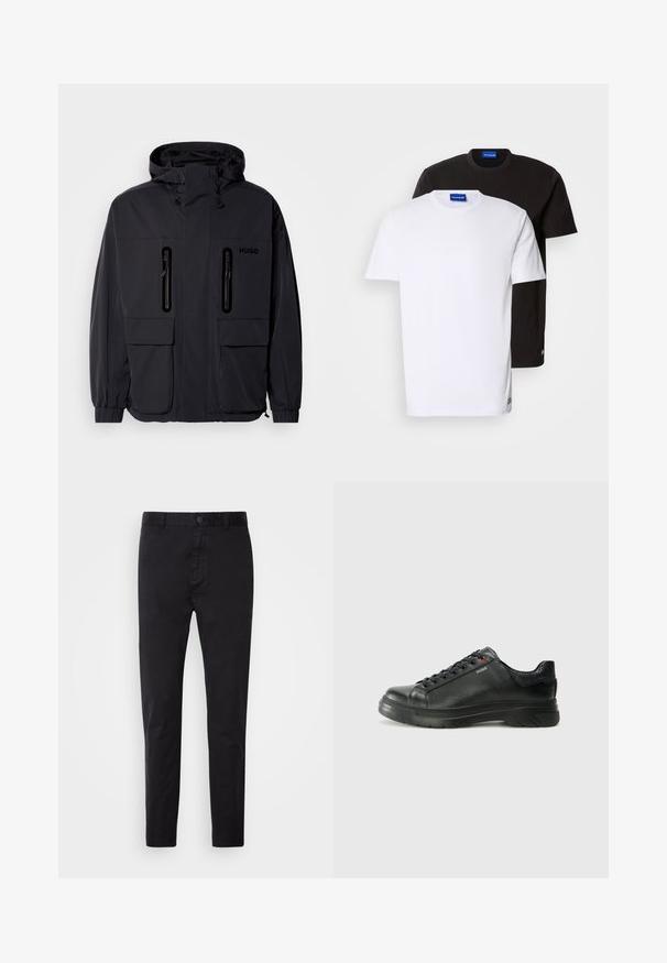 Black waterproof jacket with a hood, two zippered chest pockets, and elastic cuffs. Features minimalistic design and "HUGO" branding.; Two T-shirts stacked: one white and one black. Short sleeves, round necklines, cotton fabric. Features a small blue logo at the neckline.; Black chinos featuring a smooth texture, button closure, and tapered design. Ideal for casual or semi-formal wear.; Black leather sneaker with textured upper, padded collar, and red logo detail. Features a thick rubber sole with distinct tread pattern.