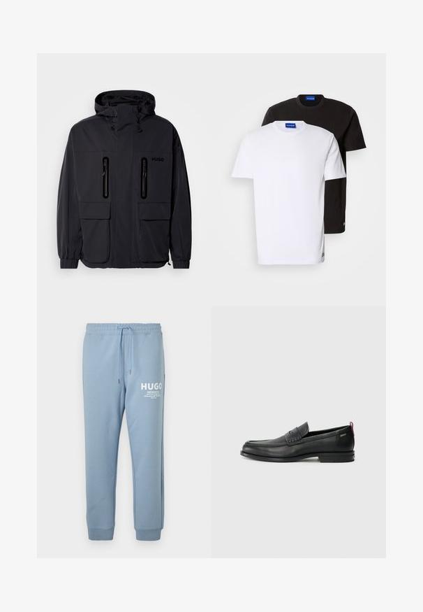Casaco impermeável preto com capuz, duas bolsas de peito com fecho éclair e punhos elásticos. Apresenta um design minimalista e a marca "HUGO".; Duas t-shirts empilhadas: uma branca e uma preta. Mangas curtas, decotes redondos, tecido de algodão. Apresenta um pequeno logotipo azul no decote.; Calças de moletão azul claro feitas de um tecido macio, com um cós elástico e cordão, e impressão de logótipo branco na coxa esquerda.; Mocassins de couro pretos com um painel frontal texturizado e laterais lisas. Apresentam um salto fino e uma alça na parte de trás para fácil colocação. Design clássico.