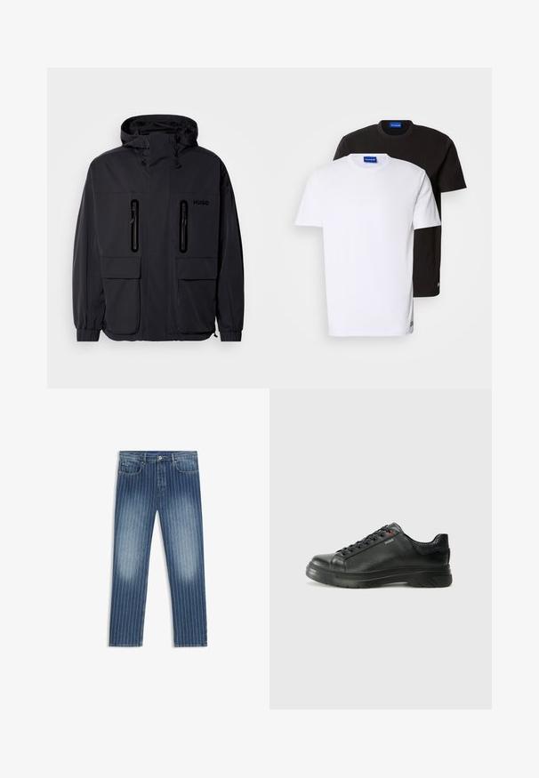 Black waterproof jacket with a hood, two zippered chest pockets, and elastic cuffs. Features minimalistic design and "HUGO" branding.; Two T-shirts stacked: one white and one black. Short sleeves, round necklines, cotton fabric. Features a small blue logo at the neckline.; Denim jeans with a pinstripe pattern, medium blue color, faded sections, straight leg cut, five pockets, and a metal button closure.; Black leather sneaker with textured upper, padded collar, and red logo detail. Features a thick rubber sole with distinct tread pattern.