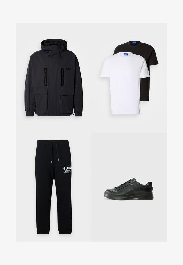 Svart vanntett jakke med hette, to glidelåslommer på brystet og elastiske mansjetter. Har et minimalistisk design og "HUGO"-merke.; To t-skjorter stablet: en hvit og en svart. Korte ermer, rund hals, bomullsstoff. Har en liten blå logo ved halsen.; Sorte joggebukser laget av bomullsblanding, med snor i midjen, tapered ben, og hvit trykt logo og tekst på venstre lår.; Svarte lærsneakers med teksturert overdel, polstret krage og rød logodetalj. Har en tykk gummisåle med tydelig mønster.