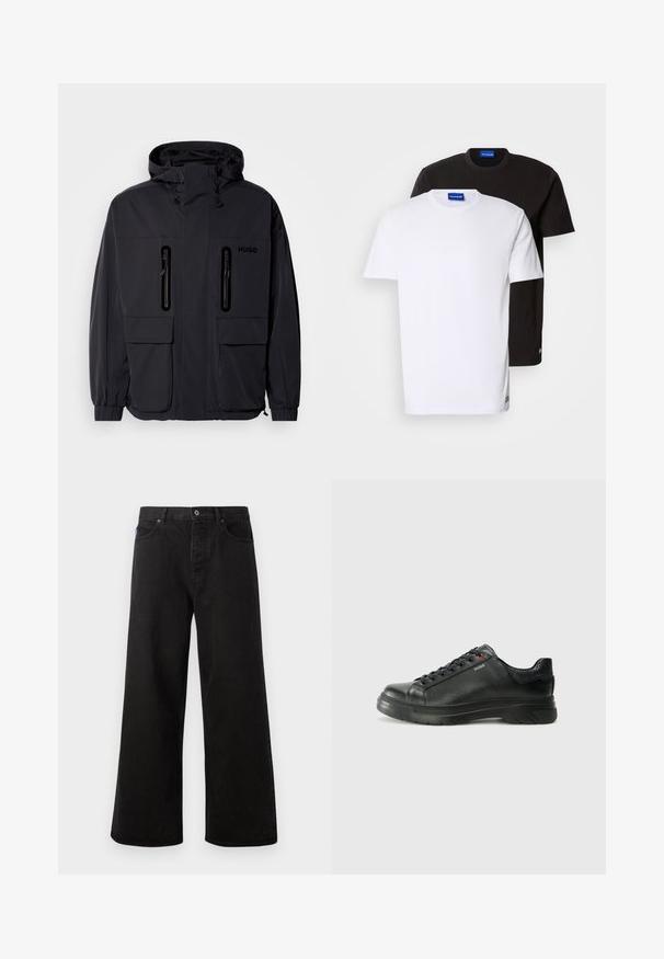 Črna vodoodporna jakna s kapuco, dvema žepoma z zadrgo na prsih in elastičnimi manšetami. Ima minimalističen dizajn in blagovno znamko "HUGO".; Dve majice naložene: ena bela in ena črna. Kratki rokavi, okrogi izrezi, bombažna tkanina. Imajo mali moder logo na izrezu.; Črne široke jeans hlače z gumbom, petimi žepe in kontrastnim šivanjem. Spredaj je na pasu oznaka blagovne znamke.; Črne usnjene superge z teksturiranim zgornjim delom, podloženim ovratnikom in rdečim logotipom. Imajo debel gumijast podplat z izrazitim vzorcem.