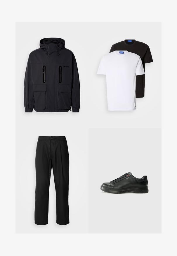 Veste imperméable noire avec capuche, deux poches poitrine zippées et poignets élastiques. Présente un design minimaliste et un logo "HUGO".; Deux T-shirts empilés : un blanc et un noir. Manches courtes, encolures rondes, en tissu coton. Ils présentent un petit logo bleu au niveau de l'encolure.; HUGO RAVI - Pantalon classique - black; Sneaker en cuir noir avec une tige texturée, un col rembourré et un détail de logo rouge. Caractéristiques d'une épaisse semelle en caoutchouc avec un motif de semelle distinct.