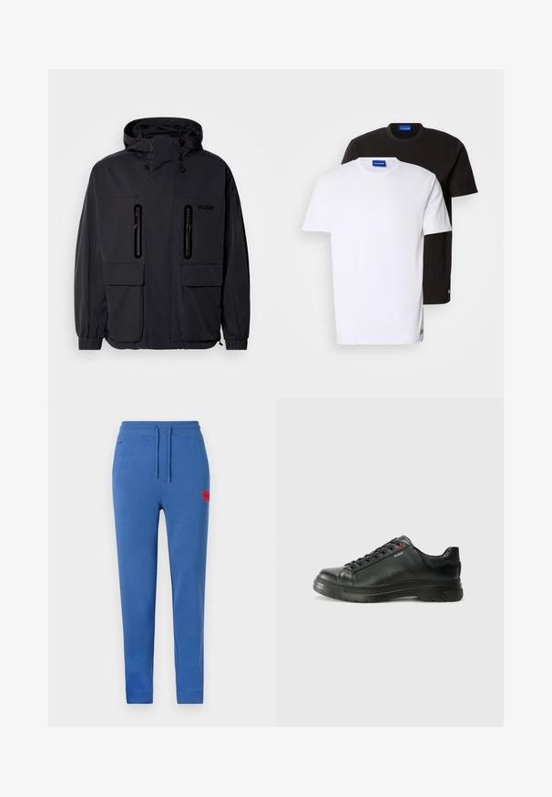 Black waterproof jacket with a hood, two zippered chest pockets, and elastic cuffs. Features minimalistic design and "HUGO" branding.; Two T-shirts stacked: one white and one black. Short sleeves, round necklines, cotton fabric. Features a small blue logo at the neckline.; Blue sweatpants with an elastic waistband, drawstring, side pockets, and a red logo patch on the front. Soft cotton blend material.; Black leather sneaker with textured upper, padded collar, and red logo detail. Features a thick rubber sole with distinct tread pattern.