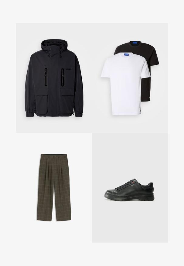 Black waterproof jacket with a hood, two zippered chest pockets, and elastic cuffs. Features minimalistic design and "HUGO" branding.; Two T-shirts stacked: one white and one black. Short sleeves, round necklines, cotton fabric. Features a small blue logo at the neckline.; Brown plaid trousers with a wide-leg design, featuring front pleats and a smooth waistband. Made from a textured fabric.; Black leather sneaker with textured upper, padded collar, and red logo detail. Features a thick rubber sole with distinct tread pattern.