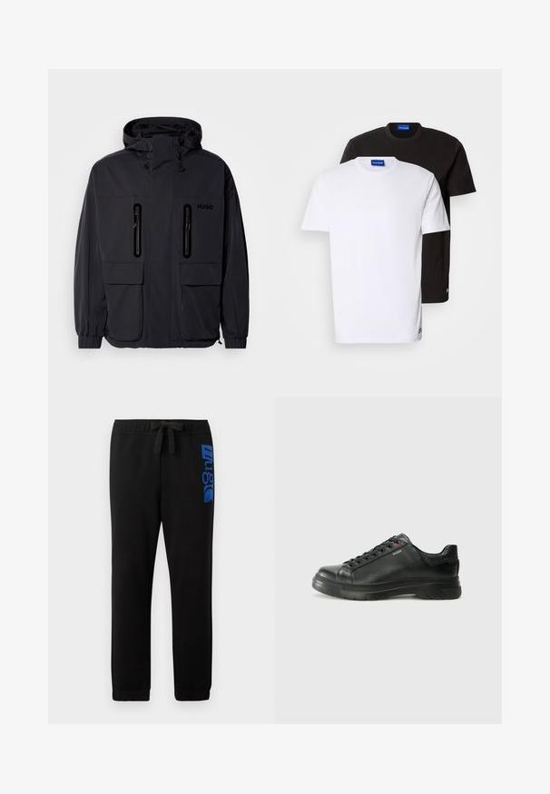 Zwarte waterdichte jas met een capuchon, twee ritszakken op de borst en elastische manchetten. Heeft een minimalistisch ontwerp en "HUGO" branding.; Twee T-shirts gestapeld: één witte en één zwarte. Korte mouwen, ronde halslijnen, van katoen. Heeft een klein blauw logo op de halslijn.; Zwarte sweatpants van een katoenmix, voorzien van een elastische tailleband met een koord en een blauw logo dat op het linkerbeen is gedrukt.; Zwarte leren sneaker met een gestructureerde bovenkant, gevoerde kraag en rode logo-details. Heeft een dikke rubberen zool met een opvallend loopvlakpatroon.