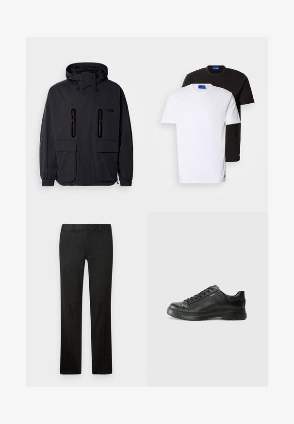Sort vandtæt jakke med hætte, to lynlås-lommer på brystet og elastiske manchetter. Har et minimalistisk design og "HUGO" branding.; To T-shirts stablet: en hvid og en sort. Korte ærmer, runde halsudskæringer, stof af bomuld. Har et lille blåt logo ved halsudskæringen.; Sorte skræddersyede bukser lavet af tekstureret stof, med en lige ben-design, frontlynlås og knaplukning.; Sorte lædersneakers med tekstureret overdel, polstret krave og rødt logo-detajle. Har en tyk gummisål med tydeligt mønster.