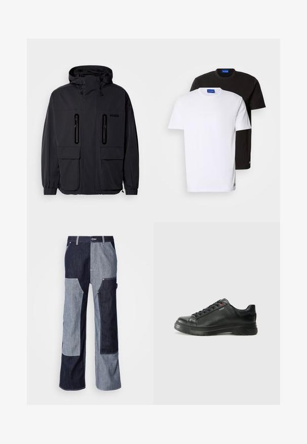 Juodas vandeniui atsparus džemperis su kapišonu, dviem užtrauktukais uždaromomis krūtinės kišenėmis ir elastingais rankogaliais. Išsiskiria minimalistiniu dizainu ir "HUGO" prekės ženklo žyme.; Du kompiuteriniai marškiniai, sudėti vienas ant kito: vieni balti, kiti juodi. Trumpomis rankovėmis, apvaliais iškirpimais, pagaminti iš medvilnės. Išskirtinė savybė - mažas mėlynas logotipas ant iškirpimo.; Džinsai su aplikacijos dizainu įvairių tamsių ir šviesių mėlynų atspalvių, su kontrastinėmis siūlėmis ir plačiomis, tiesiomis kojomis.; Juodos odinės sportinės bateliai su tekstūruota viršutine dalimi, paminkštinta apykakle ir raudonu logotipo akcentu. Yra storas guminis padas su išskirtiniu protektoriaus raštu.