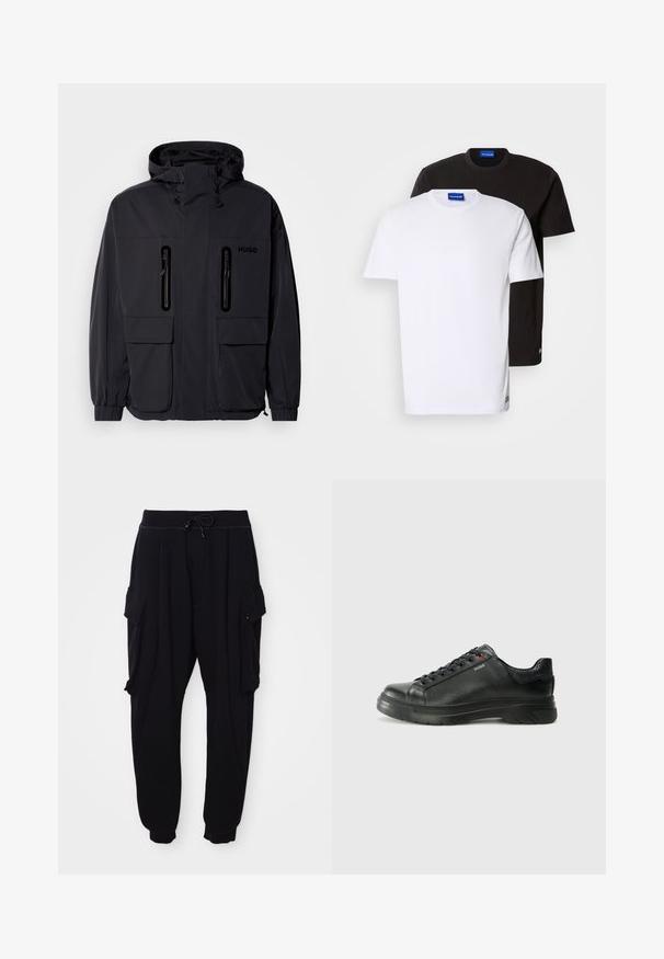 Schwarze wasserdichte Jacke mit Kapuze, zwei mit Reißverschluss versehenen Brusttaschen und elastischen Bündchen. Verfügt über ein minimalistisches Design und "HUGO"-Branding.; Zwei übereinander gestapelte T-Shirts: eines weiß und eines schwarz. Kurze Ärmel, runde Ausschnitte, aus Baumwollstoff. Mit einem kleinen blauen Logo am Ausschnitt.; Schwarze Jogginghosen aus weichem Stoff, mit einem elastischen Bund und Kordelzug, seitlichen Cargo-Taschen und gerippten Knöchellöchern.; Schwarze Leder-Sneaker mit strukturiertem Obermaterial, gepolstertem Kragen und rotem Logo-Detail. Verfügt über eine dicke Gummisohle mit markantem Profil.