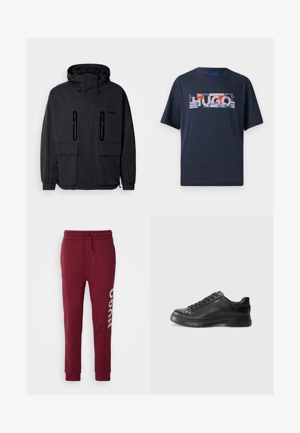 Zwarte waterdichte jas met een capuchon, twee ritszakken op de borst en elastische manchetten. Heeft een minimalistisch ontwerp en "HUGO" branding.; Marineblauwe katoenen t-shirt met korte mouwen, voorzien van een multicolore "HUGO" grafisch ontwerp op de voorkant in verschillende vormen en patronen.; HUGO DUTSCHI - Trainingsbroek - dark pink; Zwarte leren sneaker met een gestructureerde bovenkant, gevoerde kraag en rode logo-details. Heeft een dikke rubberen zool met een opvallend loopvlakpatroon.