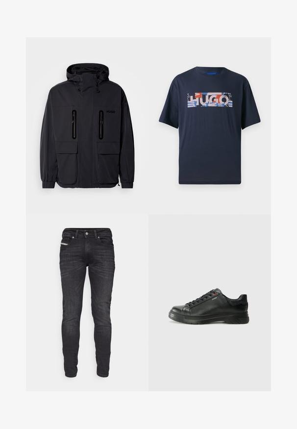 Must have veekindel, kapuutsiga must jakk, kus on kaks tõmblukuga rinna-taskut ja elastsed mansetid. Omab minimalistlikku disaini ja "HUGO" brändimist.; Tumesinine puuvillane T-särk lühikeste varrukatega, mille esiküljel on mitmevärviline "HUGO" graafiline disain erinevates kujundites ja mustrites.; Slim-fit mustadest denimist püksid, millel on ees ja taga taskud, vöökohad, nööbilukuga ning peened tuhmumised.; Must musta tennis, mille tekstuuriga pealis, pehmendatud krae ja punane logo detail. Omab paksu kummist tallat, millel on selge tallamuster.