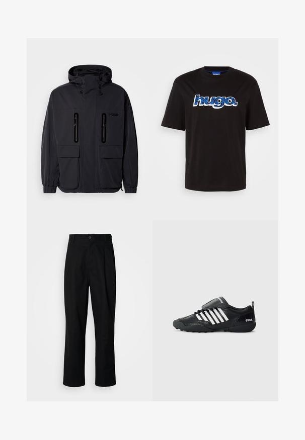Melna ūdensnecaurlaidīga jaka ar kapuci, divām kabatām ar rāvējslēdzēju krūšu augšdaļā un elastīgām aprocēm. Ievēro minimālistisku dizainu un "HUGO" zīmolu.; Melnas kokvilnas T-kreklis ar zilo "hugo." logo, kuram ir rakstaina dizaina akcenti. Īsas piedurknes un apaļa kakla izgriezums.; Melni taisni bikses ar pogu, jostu cilpiņām un priekšējo krokām, izliktas uz vienkārša balta fona.; Melna sporta kedu virsma ar faktūru, baltas svītras, mīksts apkaklītes apkaklīte un melna gumijas zole. Iekļauj vilkšanas cilpu un detaļu "1964".