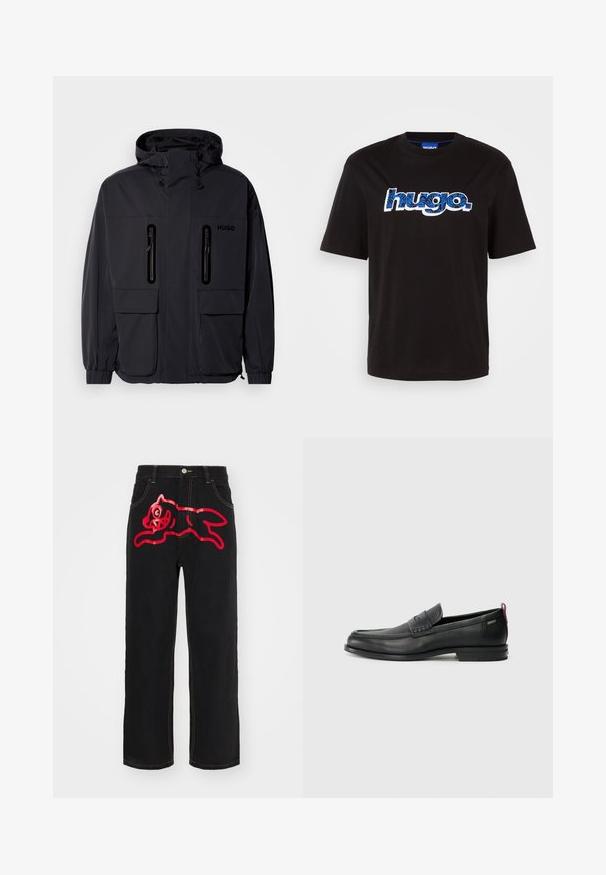 Fekete vízálló dzseki kapucnival, két cipzáras mellzsebbel és rugalmas mandzsettával. Minimalista dizájnnal és "HUGO" logóval ellátva.; Fekete pamut póló, kék "hugo." logóval, mintás dizájnnal. Rövid ujjú és kerek nyakkivágású.; Fekete farmernadrág, amelynek hátsó zsebe egy nagy, piros grafikával ellátott, ugró macskát ábrázol, kontrasztos sárga varrással az illesztéseken.; Fekete bőrcipők, texturált elülső részel és sima oldalakkal. Karcsú sarokkal és hátsó hurkkal könnyű felvételhez. Klasszikus dizájn.