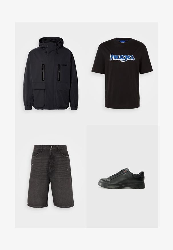 Crna vodoodbojna jakna s kapuljačom, dva ziperirana džepa na prsima i elastičnim manžetama. Ima minimalistički dizajn i "HUGO" logo.; Crna pamučna majica s kratkim rukavima koja sadrži "hugo." logo u plavoj boji s uzorkom. Ima okrugli izrez.; Crni traper kratke hlače s opuštenim fitom, s prednjim džepovima, istrošenom teksturom i klasičnim pojasom s jednim kopčom.; Crne kožne tenisice s teksturiranim gornjim dijelom, podstavljenim ovratnikom i crvenim logotipom. Imaju debeli gumeni potplat s izraženim uzorkom.