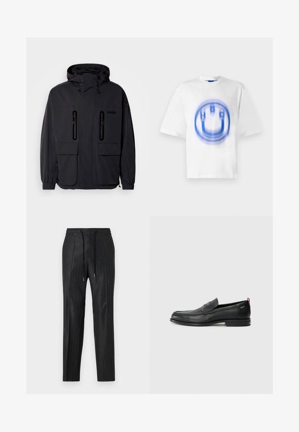 Svart vanntett jakke med hette, to glidelåslommer på brystet og elastiske mansjetter. Har et minimalistisk design og "HUGO"-merke.; Hvit bomulls t-skjorte med et blått grafisk design av bokstavene "HUGO" og en sirkelform, med en lett uskarp effekt.; Sorte pinstriped bukser laget av glatt stoff med en behagelig elastisk midjebånd og snøring detaljer. Inkluderer subtil logo-merking.; Svarte lær loafers med teksturert frontpanel og glatte sider. Har en slank hæl og bakløkke for enkel påkledning. Klassisk design.