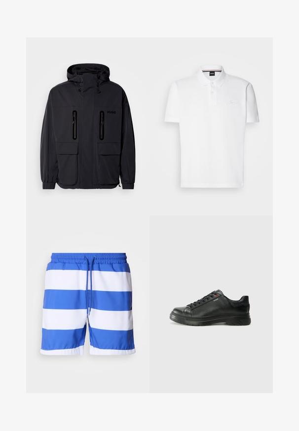 Svart vanntett jakke med hette, to glidelåslommer på brystet og elastiske mansjetter. Har et minimalistisk design og "HUGO"-merke.; Hvit polo skjorte laget av en bomulls-polyester blanding, med krage, to-knapps knappestolpe og en diskré brodert logo på brystet.; Blå og hvite stripete badebukser laget av lett stoff, med elastisk liv med snøring og en glatt tekstur.; Svarte lærsneakers med teksturert overdel, polstret krage og rød logodetalj. Har en tykk gummisåle med tydelig mønster.