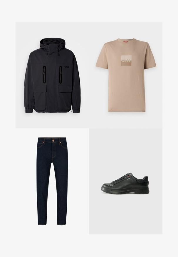 Juodas vandeniui atsparus džemperis su kapišonu, dviem užtrauktukais uždaromomis krūtinės kišenėmis ir elastingais rankogaliais. Išsiskiria minimalistiniu dizainu ir "HUGO" prekės ženklo žyme.; Šviesiai rudas kūno spalvos medvilninis marškinėliai, su kvadrato logotipu balta ir šviesiai ruda spalvomis. Trumpomis rankovėmis, apvalia iškirpte, standartinio kirpimo.; Tamsiai mėlynos džinsinės kelnės su siauru siluetu, kontrastingomis oranžinėmis siūlėmis ir klasikiniais užsegimais. Yra priekiniai kišenės ir siaurėjantys kojų galai.; Juodos odinės sportinės bateliai su tekstūruota viršutine dalimi, paminkštinta apykakle ir raudonu logotipo akcentu. Yra storas guminis padas su išskirtiniu protektoriaus raštu.