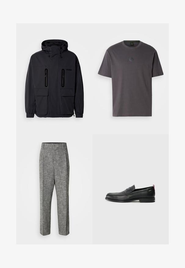 Czarna wodoodporna kurtka z kapturem, z dwoma zamykanymi na zamek kieszeniami na piersi i elastycznymi mankietami. Posiada minimalistyczny design i branding "HUGO".; Szara bawełniana koszulka z krótkimi rękawami i okrągłym dekoltem. Posiada teksturowane heksagonalne logo na klatce piersiowej. Prosty, casualowy design.; Szare spodnie w wzory o teksturowanej tkaninie, wysokim stanie i szerokich nogawkach. Posiadają zaszewki oraz czystą, dopasowaną sylwetkę.; Czarne skórzane mokasyny z teksturowanym frontem i gładkimi bokami. Posiadają smukłą podeszwę i tylną pętelkę dla łatwego zakładania. Klasyczny design.