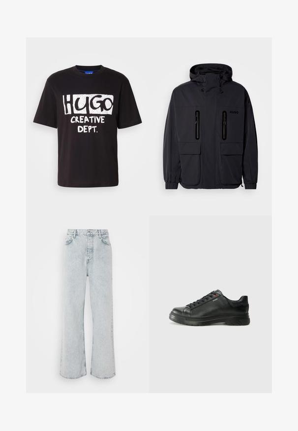 Μαύρο αδιάβροχο μπουφάν με κουκούλα, δύο τσέπες στο στήθος με φερμουάρ και ελαστικές μανσέτες. Διαθέτει μινιμαλιστικό σχεδιασμό και λογότυπο "HUGO".; Μαύρο βαμβακερό t-shirt με άσπρο γραφικό κείμενο που γράφει "HUGO" και "CREATIVE DEPT." σε έντονες, παιχνιδιάρικες γραμματοσειρές. Ραμμένο με στρογγυλή λαιμόκοψη και κοντά μανίκια.; Ανοιχτό μπλε τζιν παντελόνι σε φαρδιά γραμμή με ψηλή μέση, διαθέτει κουμπί, πέντε τσέπες και διακριτική ξεθωριασμένη υφή.; Μαύρο δερμάτινο αθλητικό παπούτσι με υφαντή επάνω επιφάνεια, αφρώδες κολάρο και κόκκινη λεπτομέρεια λογότυπου. Διαθέτει παχύ καουτσούκ πάτο με χαρακτηριστικό μοτίβο πέλματος.