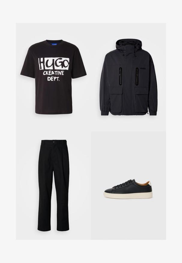 Must have veekindel, kapuutsiga must jakk, kus on kaks tõmblukuga rinna-taskut ja elastsed mansetid. Omab minimalistlikku disaini ja "HUGO" brändimist.; Mustreeritud must puuvillane T-särk, millel valged graafilised kirjad "HUGO" ja "CREATIVE DEPT." julgete ja mänguliste fondide kujul. Ümar kaelus ja lühikesed varrukad.; Mustad sirged püksid nuppudega vöökoht, vöölõngad ja eesmine voldik, esitatud lihtsa valge tausta ees.; Mustad nahast tennised sujuva pindadega, beež kummist tallaga, paelaga kinnitamine ja kontrastse kanna aktsendiga.