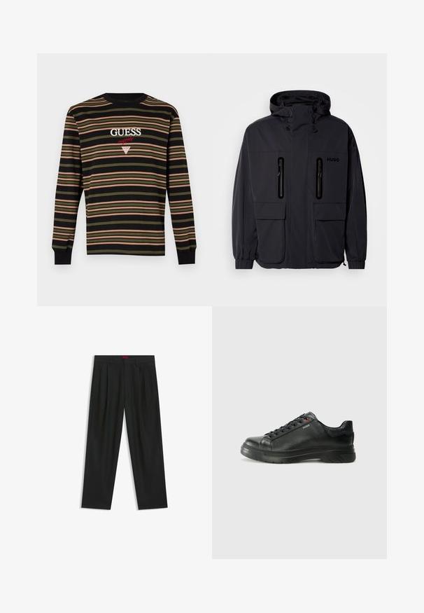 Black waterproof jacket with a hood, two zippered chest pockets, and elastic cuffs. Features minimalistic design and "HUGO" branding.; Black long-sleeve shirt with multicolor horizontal stripes in green, pink, and beige. Features "GUESS" logo in white and red embroidery.; Black trousers with a pleated design, wide leg shape, and a smooth texture. Features a red waistband tag.; Black leather sneaker with textured upper, padded collar, and red logo detail. Features a thick rubber sole with distinct tread pattern.