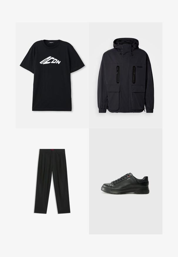 Zwarte waterdichte jas met een capuchon, twee ritszakken op de borst en elastische manchetten. Heeft een minimalistisch ontwerp en "HUGO" branding.; Zwarte katoenen T-shirt met een wit logo-ontwerp met hoekige vormen en tekst, ronde halslijn en korte mouwen.; Zwarte broek met een geplooid ontwerp, wijde pijpen en een zachte textuur. Voorzien van een rode taillebandlabel.; Zwarte leren sneaker met een gestructureerde bovenkant, gevoerde kraag en rode logo-details. Heeft een dikke rubberen zool met een opvallend loopvlakpatroon.