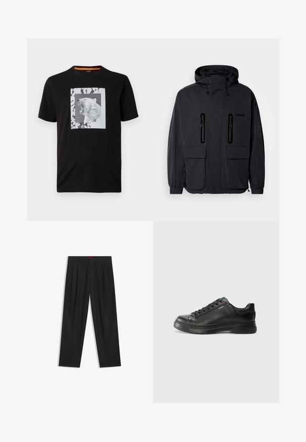 Musta vedenpitävä takki hupulla, jossa on kaksi vetoketjullista rintataskua ja elastiset hihansuut. Ominaisuuksina minimalistinen muotoilu ja "HUGO" -brändäys.; Musta puuvillapaita, jossa on valkoinen graafinen kuva karjuvasta jääkarhusta neliön sisällä, ja sanaleikki "BOSS" painettuna siihen.; Mustat housut, joissa on poimutettu muotoilu, leveä lahjetyyppi ja sileä pinta. Varustettu punaisella vyötärötagilla.; Musta nahkakengät, joissa on teksturoidun pinnan, pehmustettu kaulus ja punainen logo. Kengissä on paksu kumipohja, jossa on selkeä uramalli.