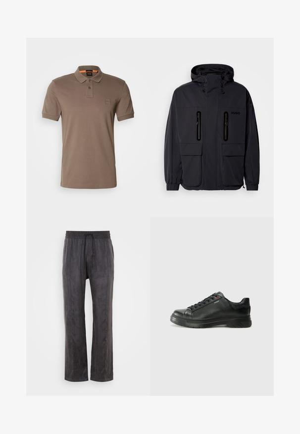 Fekete vízálló dzseki kapucnival, két cipzáras mellzsebbel és rugalmas mandzsettával. Minimalista dizájnnal és "HUGO" logóval ellátva.; Barna pólóing sima pamutból, klasszikus gallérral és rövid ujjakkal. A mellkason egy kis logós emblémával rendelkezik.; Fekete nadrág, puha anyagból, sima textúrával, elasztikus derékkal és zsinórral, széles lábbal és oldalsó varrásokkal.; Fekete bőr sportcipő, textúrált felsőrésszel, párnázott bokarésszel és piros logóval. Vastag gumitalppal rendelkezik, amely jellegzetes futási mintázattal bír.