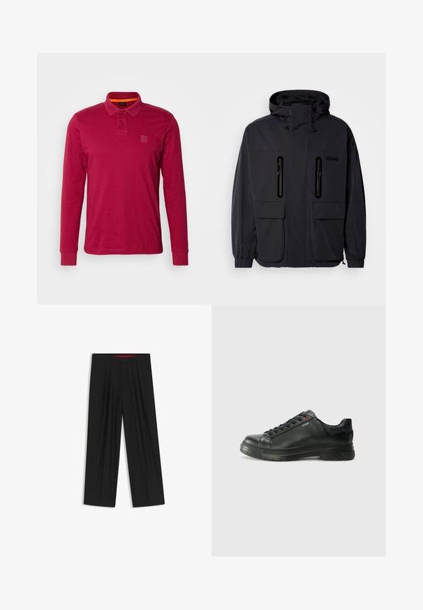 Schwarze wasserdichte Jacke mit Kapuze, zwei mit Reißverschluss versehenen Brusttaschen und elastischen Bündchen. Verfügt über ein minimalistisches Design und "HUGO"-Branding.; Langarm-Polohemd aus einfarbigem burgunderrotem Baumwollstoff, mit einer Knopfleiste mit drei Knöpfen, gerippten Bündchen und einem kleinen Logo-Label auf der Brust.; Schwarze weit geschnittene Hosen mit flachem Bund, zwei seitlichen Taschen, gefaltetem Design und einem kontrastierenden roten Innenbund.; Schwarze Leder-Sneaker mit strukturiertem Obermaterial, gepolstertem Kragen und rotem Logo-Detail. Verfügt über eine dicke Gummisohle mit markantem Profil.