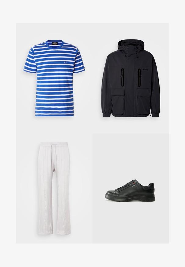 Črna vodoodporna jakna s kapuco, dvema žepoma z zadrgo na prsih in elastičnimi manšetami. Ima minimalističen dizajn in blagovno znamko "HUGO".; Črtasta majica v modri in beli barvi, narejena iz bombaža. Ima okrogli izrez in majhen logo "MN" na prsih, kratki rokavi.; Svetlo sivi, široki hlače iz gladkega materiala z elastičnim pasom in vrvico. Ravne noge z diskretnimi pregibi, brez vidnih vzorcev.; Črne usnjene superge z teksturiranim zgornjim delom, podloženim ovratnikom in rdečim logotipom. Imajo debel gumijast podplat z izrazitim vzorcem.