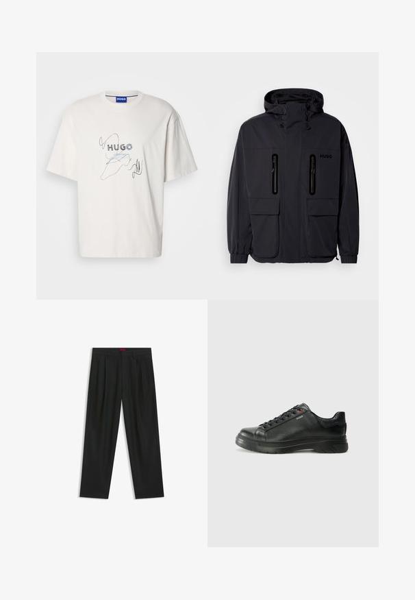 Sort vandtæt jakke med hætte, to lynlås-lommer på brystet og elastiske manchetter. Har et minimalistisk design og "HUGO" branding.; Hvid bomulds-T-shirt med et trykt logo i blå og sort, med kunstneriske linjeaccenter. Rund hals og korte ærmer.; Sorte bukser med plisseret design, bred benform og en glat tekstur. Har et rødt taljetag.; Sorte lædersneakers med tekstureret overdel, polstret krave og rødt logo-detajle. Har en tyk gummisål med tydeligt mønster.