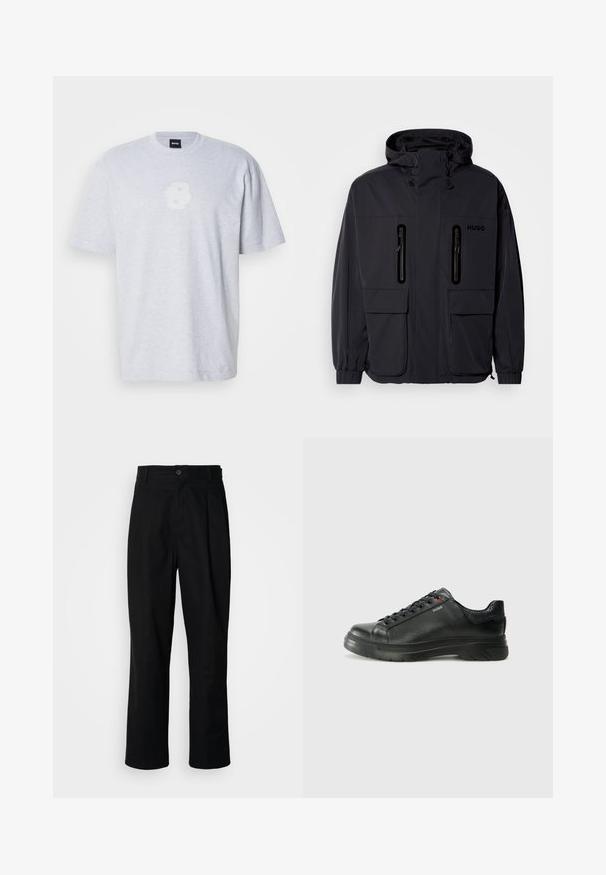 Črna vodoodporna jakna s kapuco, dvema žepoma z zadrgo na prsih in elastičnimi manšetami. Ima minimalističen dizajn in blagovno znamko "HUGO".; Siva bombažna majica s kratkimi rokavi, na sprednji strani z mehkimi belimi logotipi. Oblikovanje s krožnim izrezom in sproščenim prilegom.; Črne hlače ravnega kroja z gumbastim pasom, zanke za pas in sprednjim pregibom, prikazane na enobarvnem belem ozadju.; Črne usnjene superge z teksturiranim zgornjim delom, podloženim ovratnikom in rdečim logotipom. Imajo debel gumijast podplat z izrazitim vzorcem.