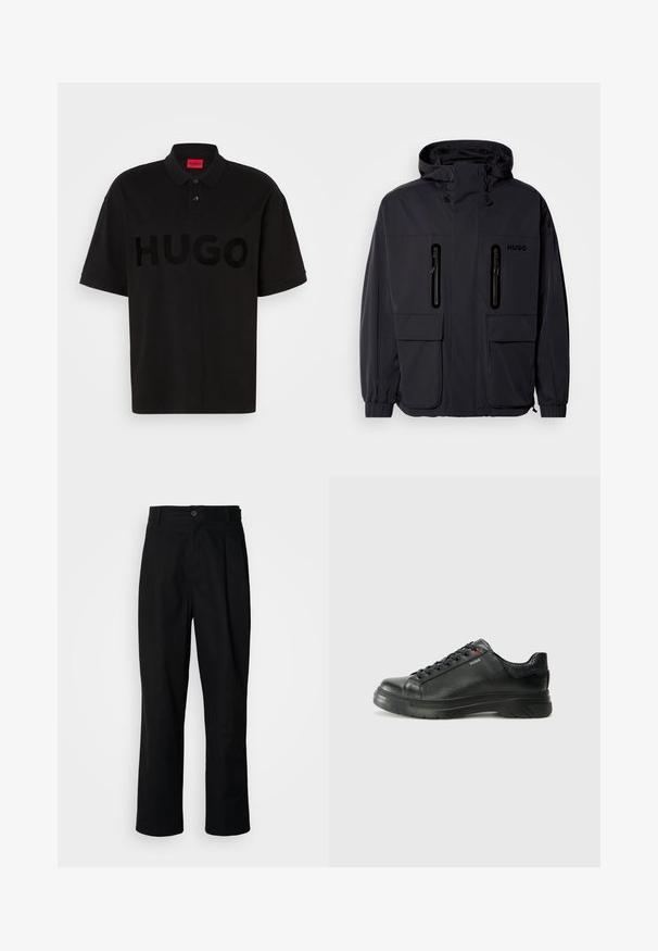 Must have veekindel, kapuutsiga must jakk, kus on kaks tõmblukuga rinna-taskut ja elastsed mansetid. Omab minimalistlikku disaini ja "HUGO" brändimist.; Mustast puuvillast polo-särk, mille esiplaanil on suur, tonalne "HUGO" logo, kahe nööbiga krae ja lühikesed varrukad.; Mustad sirged püksid nuppudega vöökoht, vöölõngad ja eesmine voldik, esitatud lihtsa valge tausta ees.; Must musta tennis, mille tekstuuriga pealis, pehmendatud krae ja punane logo detail. Omab paksu kummist tallat, millel on selge tallamuster.
