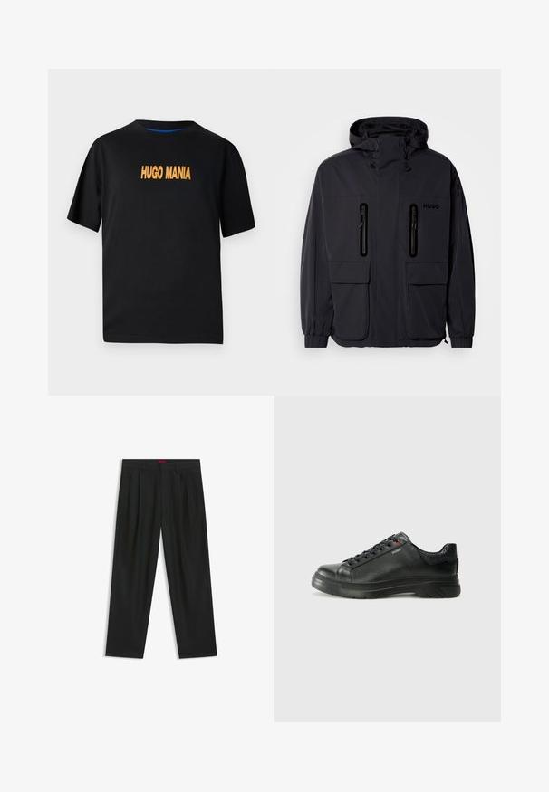 Black waterproof jacket with a hood, two zippered chest pockets, and elastic cuffs. Features minimalistic design and "HUGO" branding.; Black cotton t-shirt with short sleeves, featuring "HUGO MANIA" printed in orange on the front. Round neckline, casual fit.; Black trousers with a pleated design, wide leg shape, and a smooth texture. Features a red waistband tag.; Black leather sneaker with textured upper, padded collar, and red logo detail. Features a thick rubber sole with distinct tread pattern.