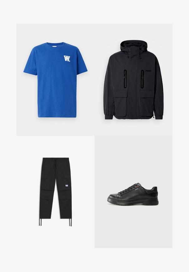 Musta vedenpitävä takki hupulla, jossa on kaksi vetoketjullista rintataskua ja elastiset hihansuut. Ominaisuuksina minimalistinen muotoilu ja "HUGO" -brändäys.; Sininen puuvillapaita pyöreällä kaula-aukolla, lyhyillä hihoilla, ja valkoisella logolla vasemmassa rintataskussa. Pehmeä rakenne ja tavanomainen istuvuus.; Mustat cargo-housut, joissa on nauhavyötärö, useita taskuja, joustava hihansuu ja huomaamaton logopatch. Valmistettu kevyestä kankaasta.; Musta nahkakengät, joissa on teksturoidun pinnan, pehmustettu kaulus ja punainen logo. Kengissä on paksu kumipohja, jossa on selkeä uramalli.