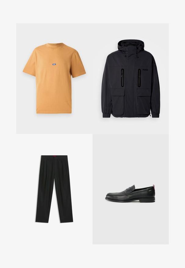 Svart vattentät jacka med huva, två blixtlåsförsedda bröstfickor och elastiska muddar. Har en minimalistisk design och "HUGO"-logotyp.; Orange bomulls T-shirt med rund hals och korta ärmar, med en liten blå "HUGO" logotill fastsydd på bröstet. Slät textur.; Svarta byxor med vikta detaljer, bred benform och en slät textur. Har en röd midjebandsetikett.; Svarta läderloafers med en texturerad frontpanel och släta sidor. Utrustade med en smal klack och en bakre ögla för enkel påtagning. Klassisk design.