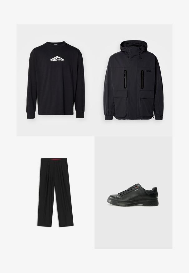 Sort vandtæt jakke med hætte, to lynlås-lommer på brystet og elastiske manchetter. Har et minimalistisk design og "HUGO" branding.; Sort langærmet T-shirt lavet af bomuld, med et hvidt logo på brystet. Klassisk rund hals og ribbestrikkede manchetter.; Sorte brede bukser med flad front, to sidelommer, plisseret design og en kontrastfarvet rød inderside på linningen.; Sorte lædersneakers med tekstureret overdel, polstret krave og rødt logo-detajle. Har en tyk gummisål med tydeligt mønster.