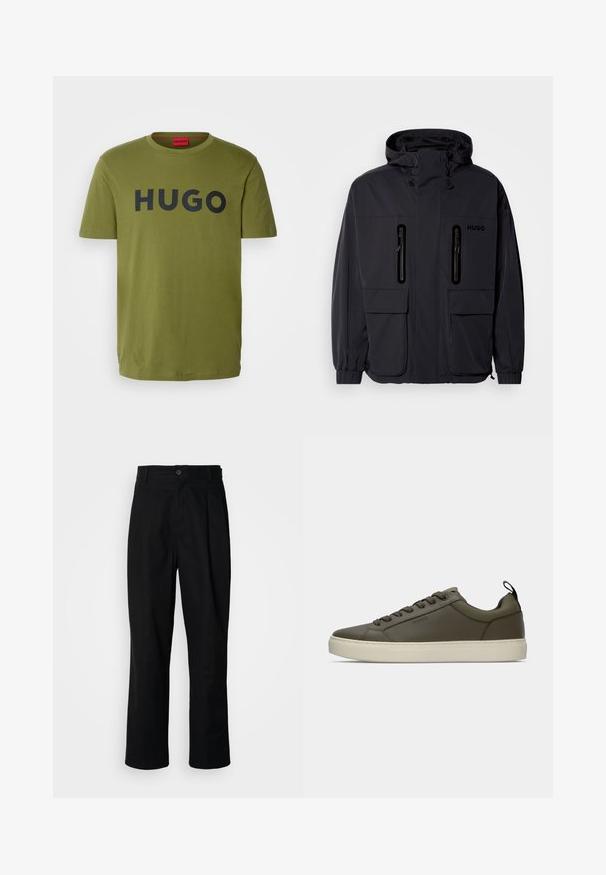 Melna ūdensnecaurlaidīga jaka ar kapuci, divām kabatām ar rāvējslēdzēju krūšu augšdaļā un elastīgām aprocēm. Ievēro minimālistisku dizainu un "HUGO" zīmolu.; HUGO DULIVIO - Apdrukāts T-krekls - open green; Melni taisni bikses ar pogu, jostu cilpiņām un priekšējo krokām, izliktas uz vienkārša balta fona.; Olivu zaļš sporta apavu modelis ar gludu tekstūru, ietver gumijas zoli, tumšas auklas un melnu cilpu aizmugurē.